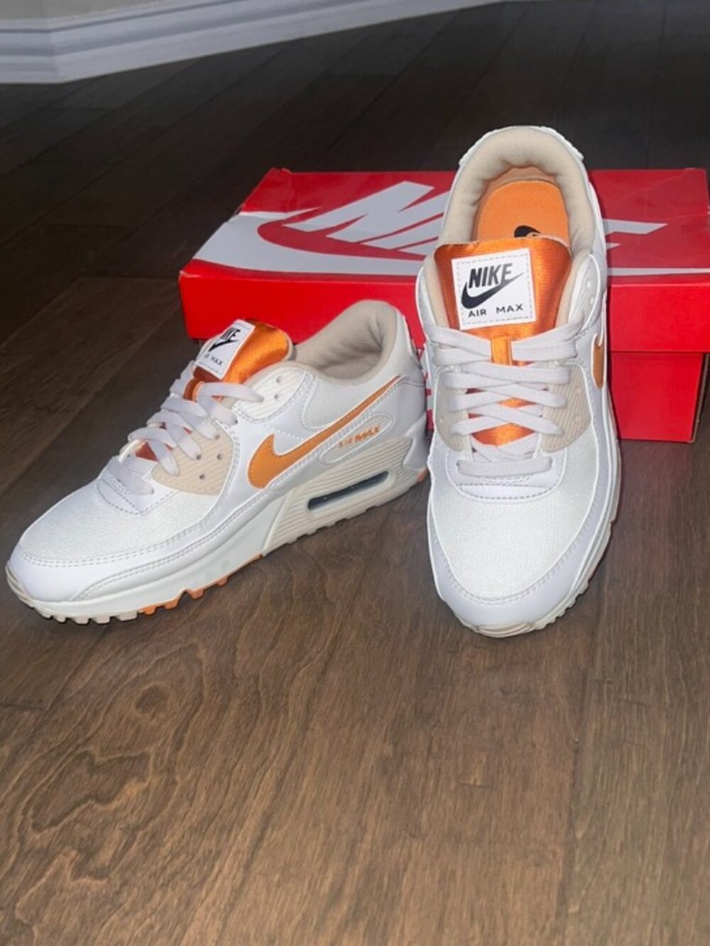 Nike Air Max 90 White & Orange Swoosh Sneakers - Women 8.5